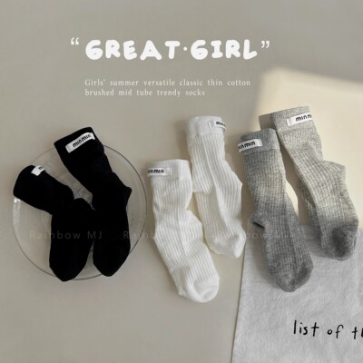 女童袜子春夏薄棉韩版布标白色中筒袜女孩无骨网眼卡丝棉袜潮夏天
