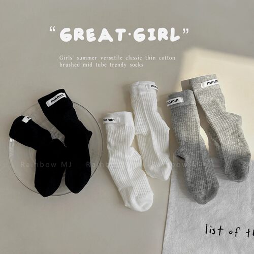 女童袜子春夏薄棉韩版布标白色中筒袜女孩无骨网眼卡丝棉袜潮夏天