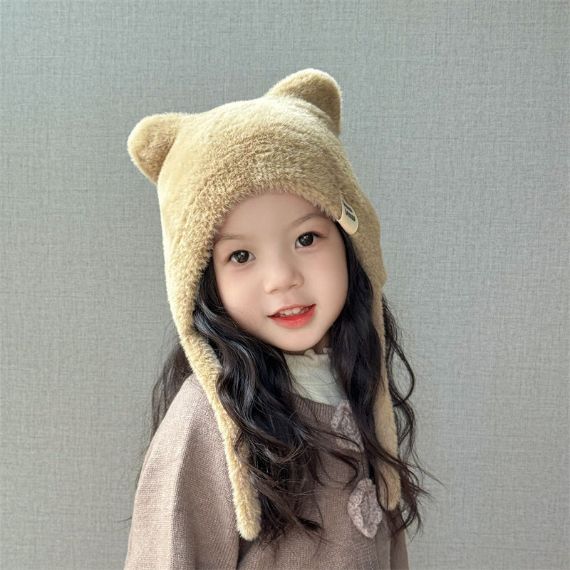 儿童帽子秋冬季女童毛绒猫耳朵套头帽洋气可爱护耳帽宝宝保暖套头