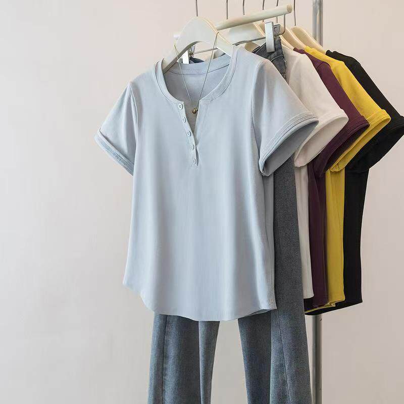 夏季蓝色大码女装新款显瘦百搭v领胖mm纽扣纯色短袖2026T恤上衣潮