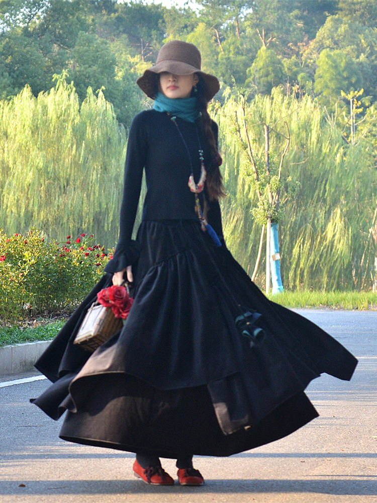 复古不规则大摆显瘦跳舞长裙