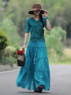 【绿香】素心自制纯色长裙春夏 a字系带超大摆显瘦跳舞半身裙包邮