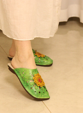 22067-12花藤萝蔓 牛皮方头花朵休闲包头平底软底真皮女拖鞋凉拖
