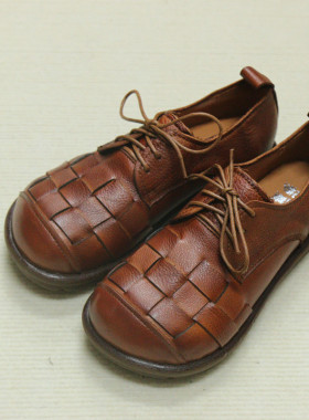 6283-16花藤萝蔓 牛皮大头圆头编织平底厚底系带真皮女鞋女单鞋