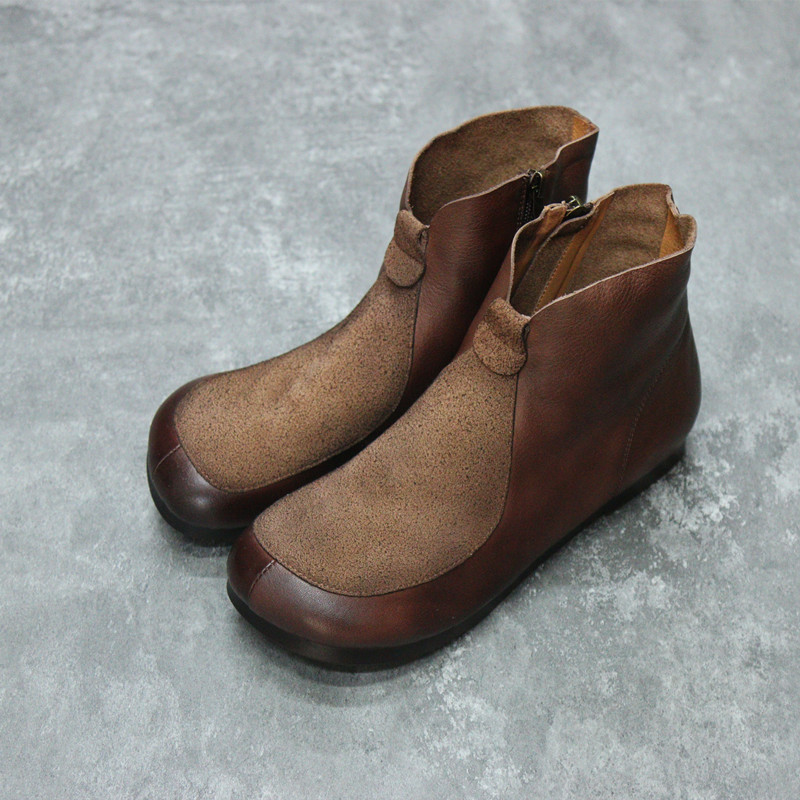 3068-3花藤萝蔓 牛皮圆头侧拉链休闲平底软底柔软真皮女靴女短靴,女鞋,骑士靴,淘宝优惠券,粉丝福利购,淘宝优惠卷