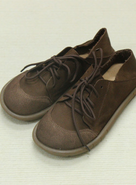 23096花藤萝蔓 牛皮休闲深口系带圆头两穿平底软底真皮女鞋女单鞋