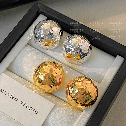 金碎冰冰爆闪半球耳钉女轻奢高级感气质耳环欧美复古重工金色耳饰