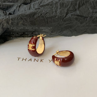 新年红色凯旋门耳圈耳环女轻奢高级感小众设计复古秋冬耳扣耳饰