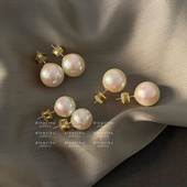 日本粉光正圆珍珠耳钉女纯银S家气质耳饰fever同款 轻奢小众耳环
