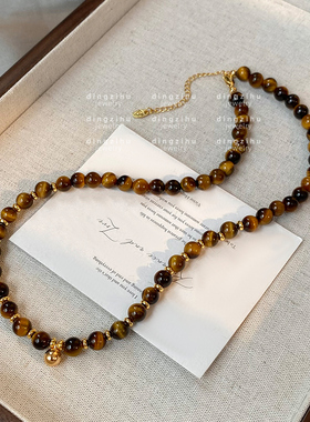 虎眼石串珠项链秋冬毛衣链轻奢小众高级感锁骨链复古天然石颈链女