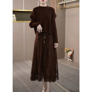 时尚针织毛衣两件套连衣裙女2025年秋冬新款气质加厚妈妈套装裙子