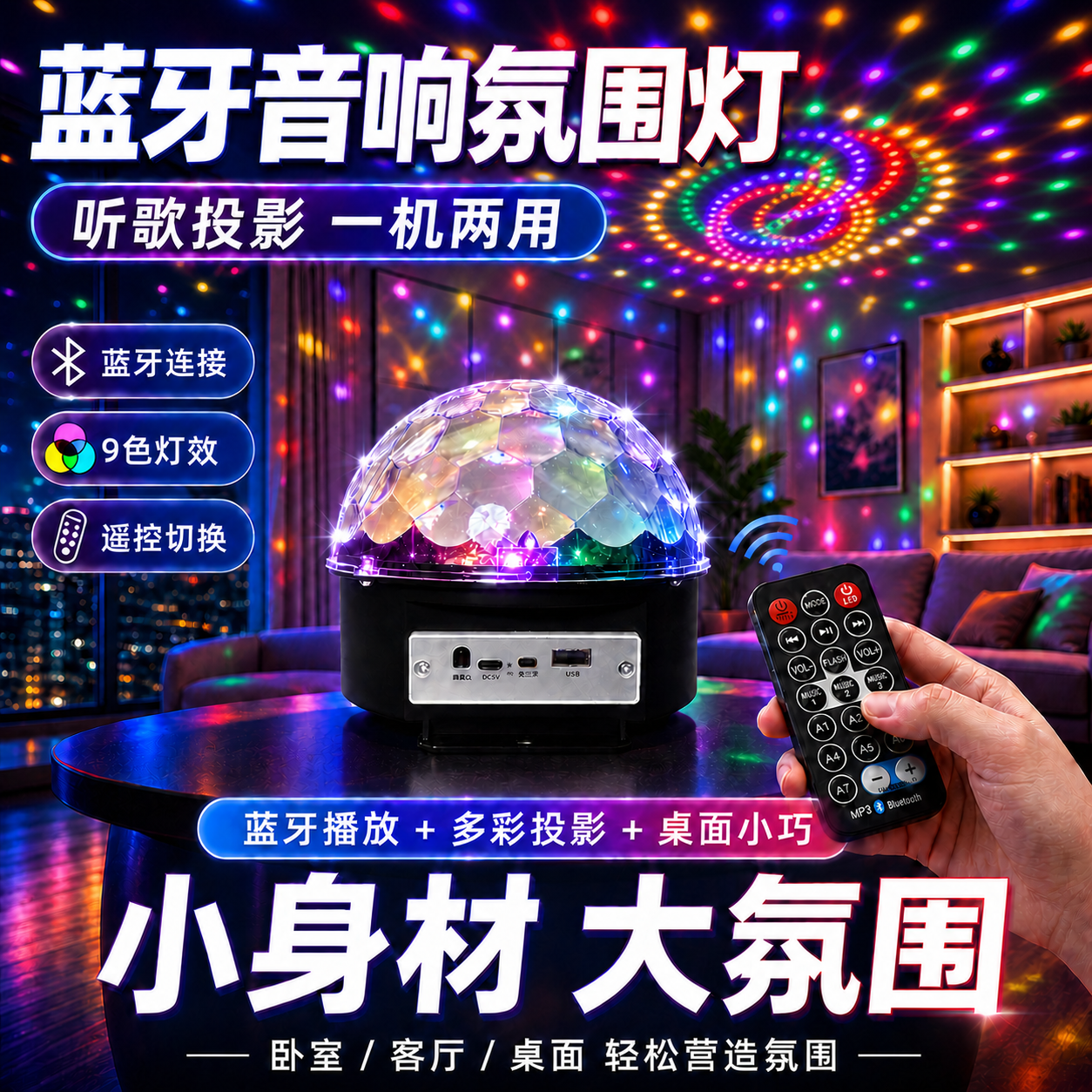 彩灯蓝牙音箱氛围灯七彩闪光投影灯旋转便携充电式音响音乐播放器