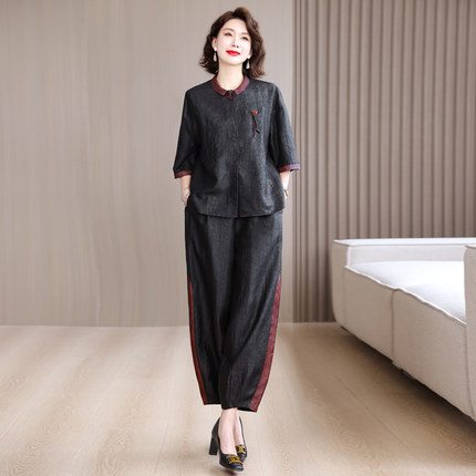 真丝桑蚕丝香云纱套装夏装女装漂亮时尚妈妈高端贵夫人品牌两件套