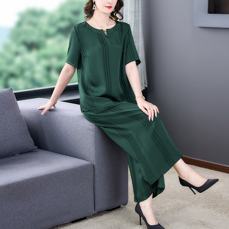中老年桑蚕丝妈妈夏装套装新款时尚条纹短袖真丝上衣阔腿裤两件套