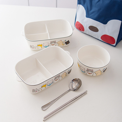 陶瓷长方形饭盒带盖密封保鲜碗