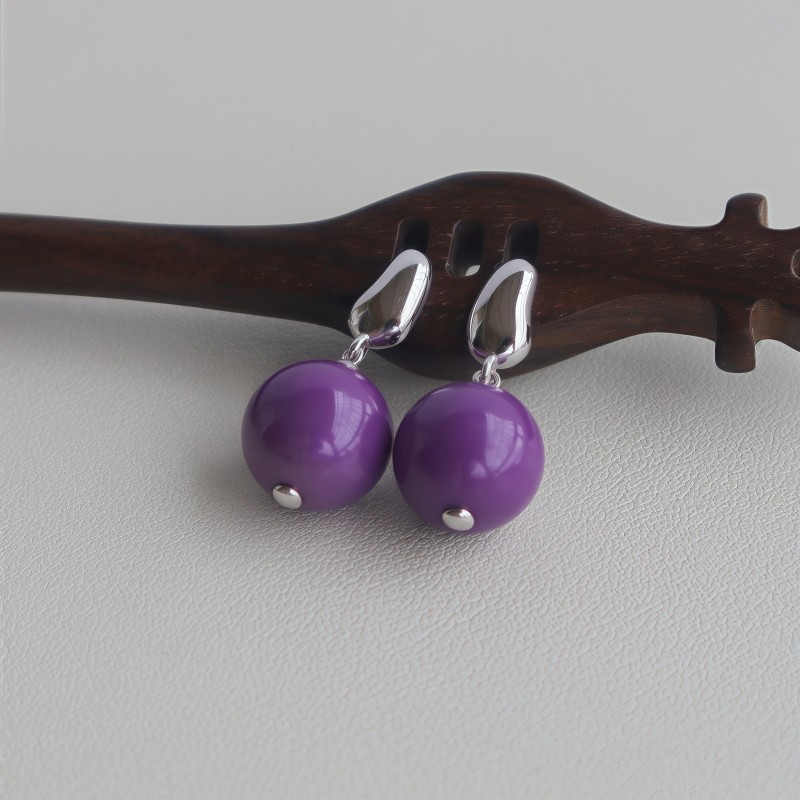 水善谣紫云母豆豆耳钉S925银镀18K金耳坠小众设计简约大方耳饰女
