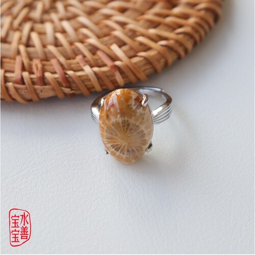 S925银珊瑚玉戒指活口复古民族风