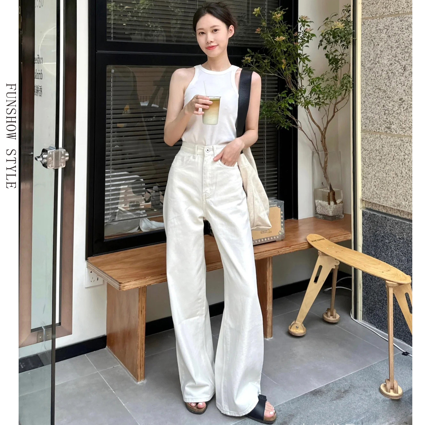 白色牛仔裤女夏款2025新款天丝阔腿裤宽松高腰冰丝直筒垂感长裤子
