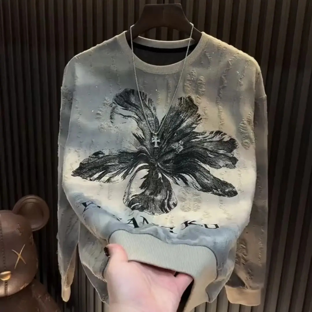 秋冬长袖卫衣新款曼陀罗花朵男款亮闪破洞男上衣爆款轻奢圆领潮流