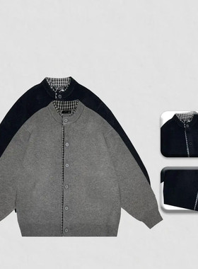 秋季男士假两件圆领针织毛衣开衫格子拼接韩系百搭毛衣外套86337