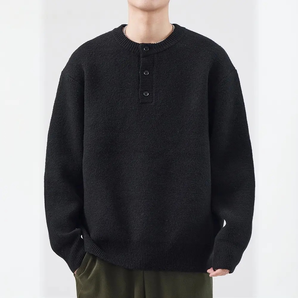 2025美式亨利领黑色毛衣男秋季慵懒风潮牌宽松内搭针织衫男外套潮