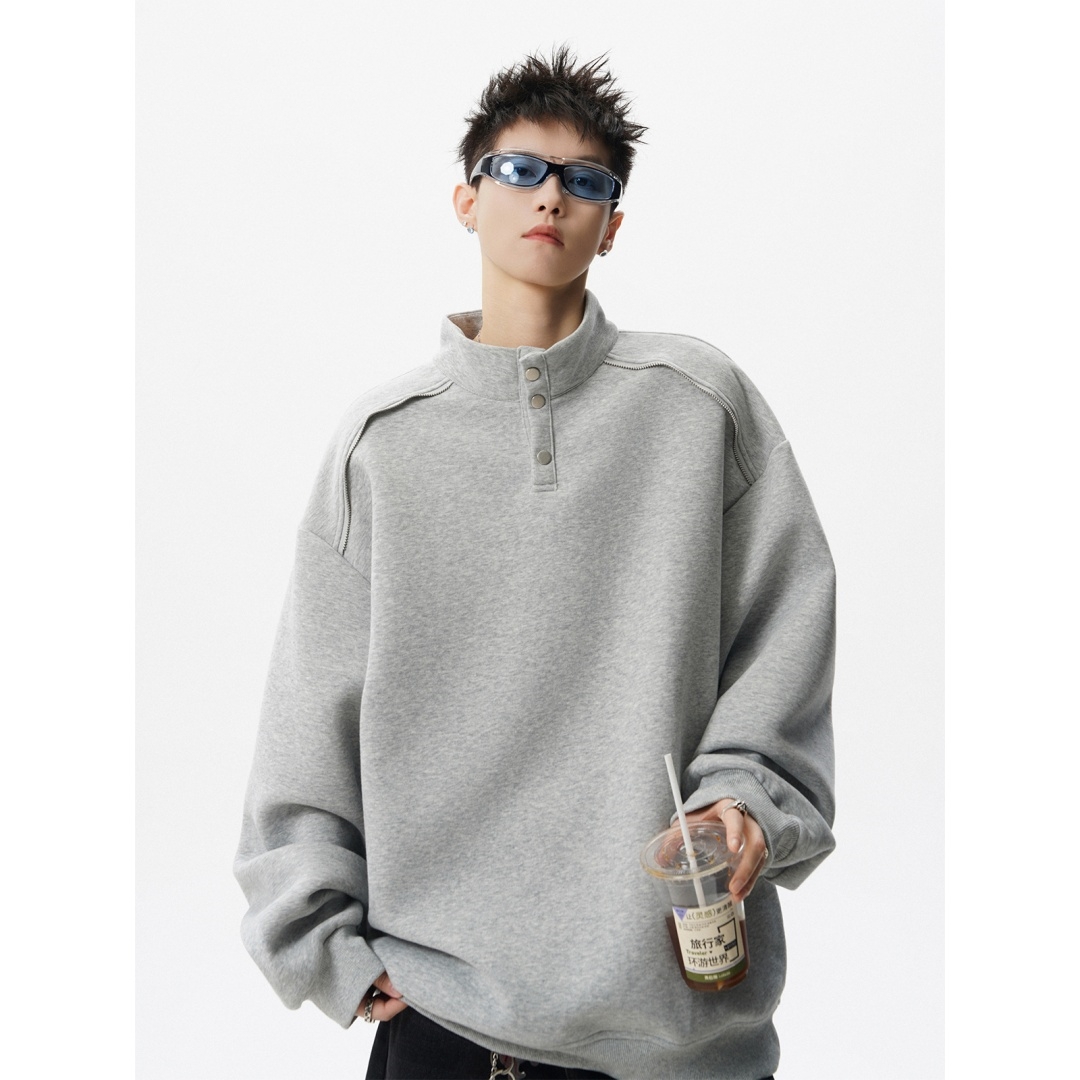 重磅半开衫立领卫衣男秋季美式潮牌解构休闲上衣vibe高街痞帅内搭