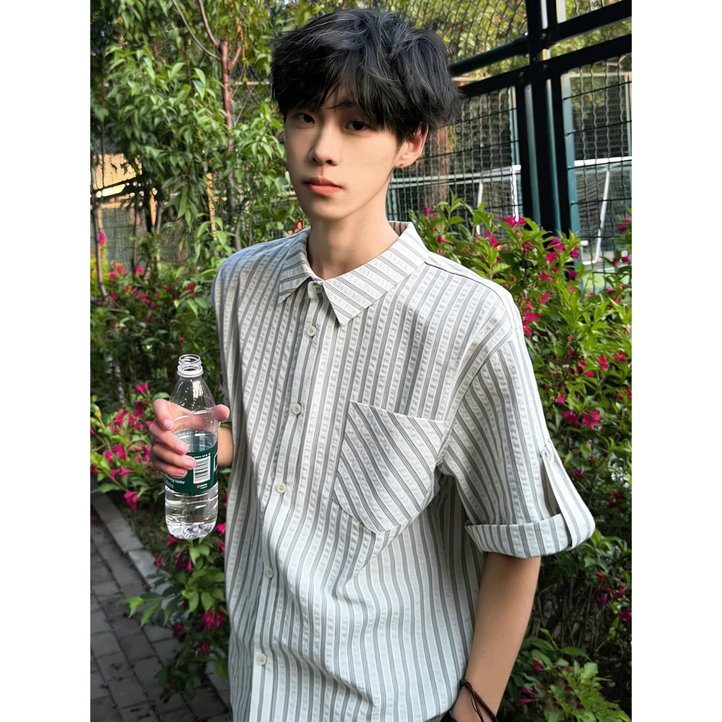 泡泡纱条纹短袖衬衫男款夏季少年感痞帅白色衬衣cleanfit防晒半袖
