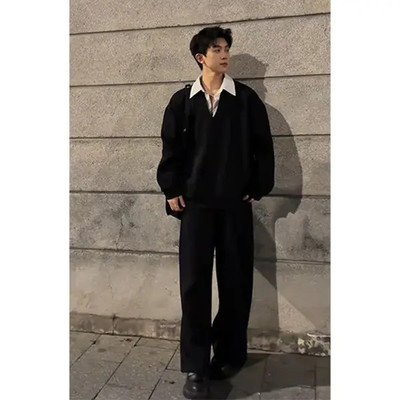 整套ootd穿搭假两件衬衫领卫衣卫裤套装男生秋冬高级感休闲两件套