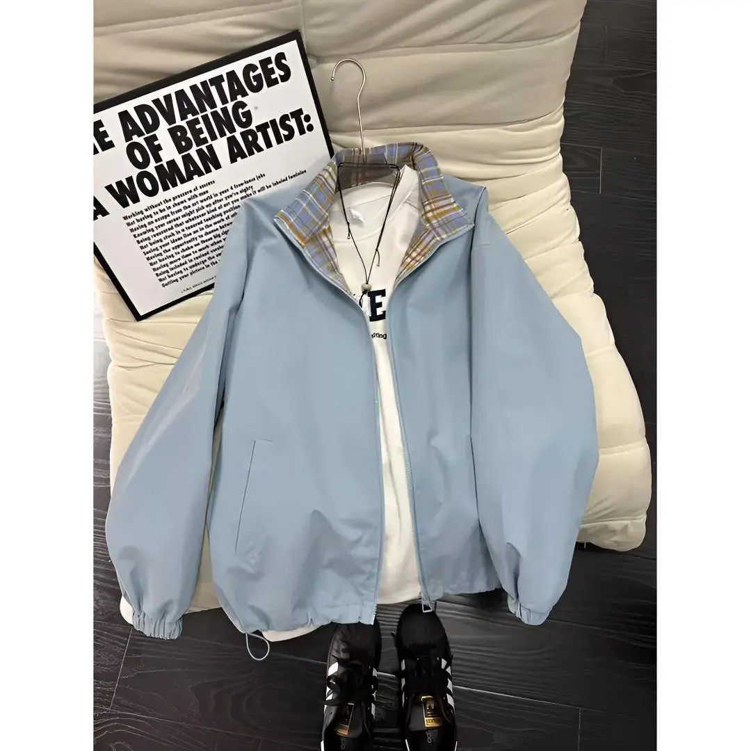 格子拼接夹克男春夏季薄款复古设计感无帽防晒衣美式翻领情侣外套