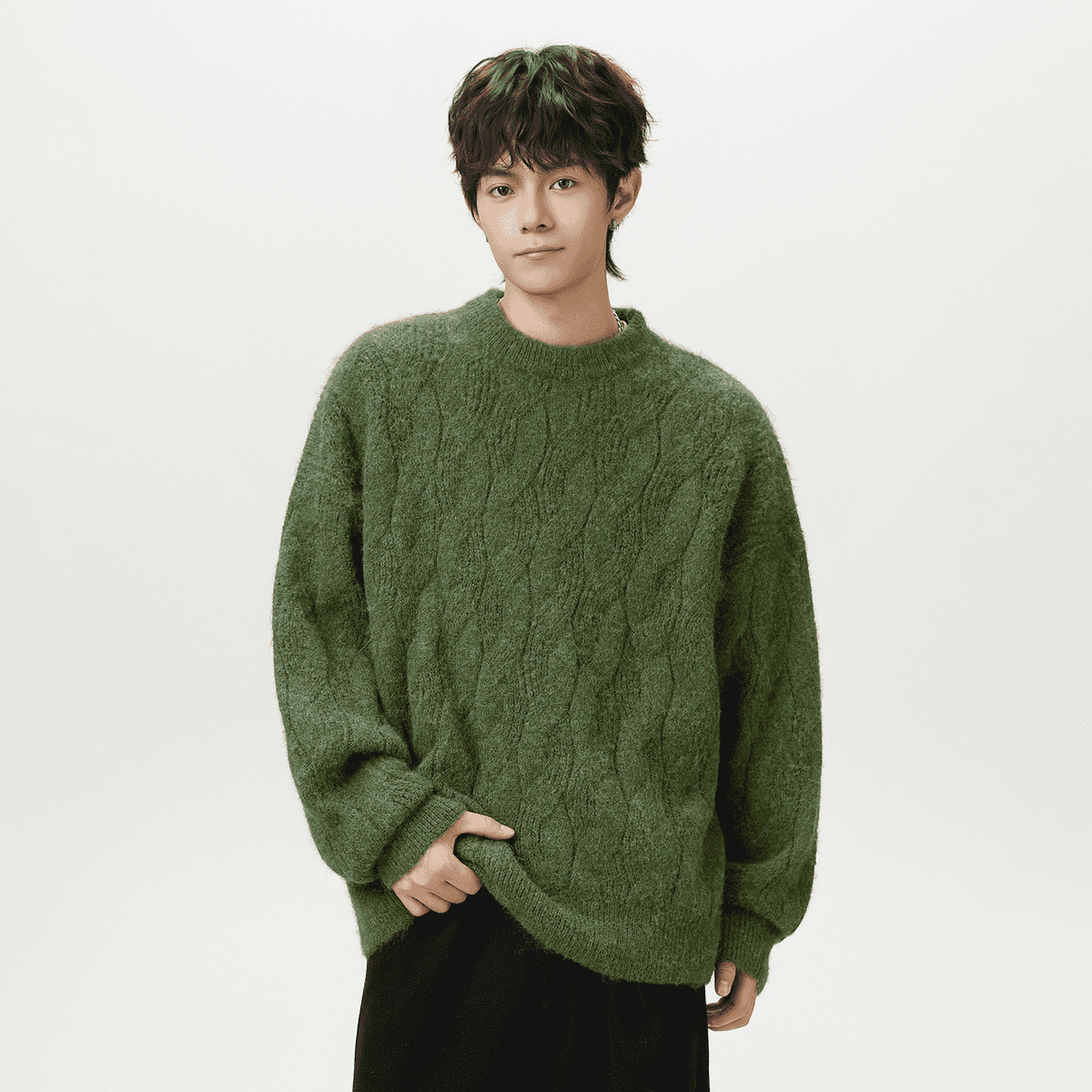 美式圆领复古百搭纯色毛衣男女秋冬季麻花慵懒风套头针织衫外套潮