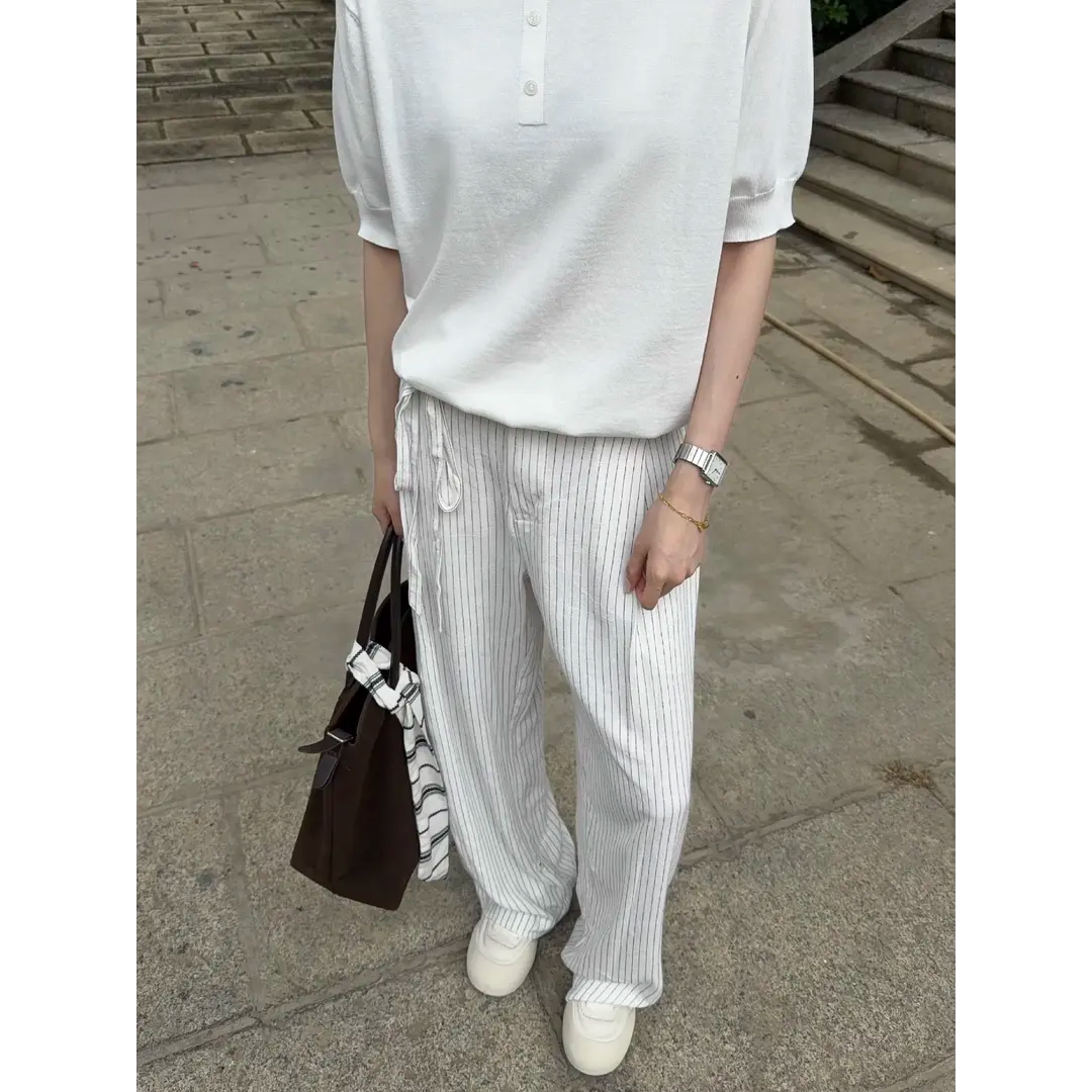 26SS亚麻混纺条纹侧绑带休闲西裤可调节裤脚男女夏季老钱垂感长裤