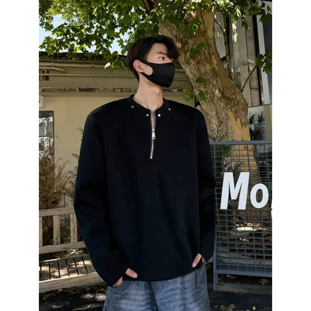 黑色铆钉半拉链垫肩卫衣男款春秋内搭高级感长袖男生上衣痞帅男潮