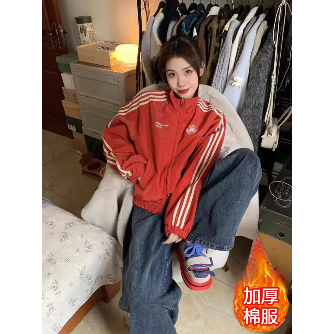 美式复古红色工装棉衣外套女秋冬季高级感休闲宽松设计感小众棉服