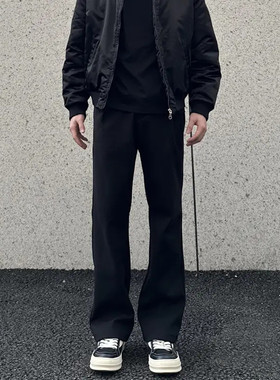 春夏款高克重直筒硬挺弯刀微喇黑色西裤男百搭通勤卫裤休闲男长裤
