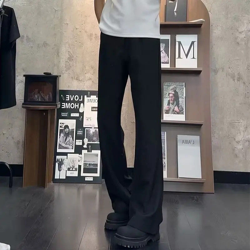 【高品质】春夏季新款美式垂坠感黑色微喇西裤男女显瘦显高裤子