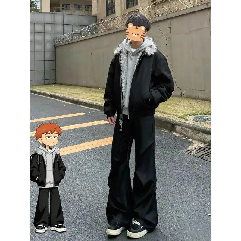 黑色褶皱微喇西裤男春秋高级感垂感休闲裤子cleanfit阔腿直筒长裤