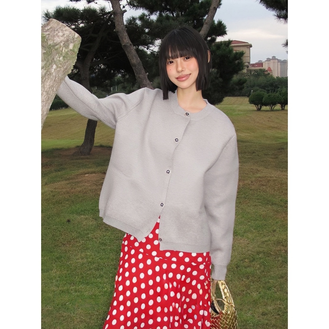 美式复古针织衫开衫外套男女秋季新款灰色毛衣百搭休闲慵懒风上衣