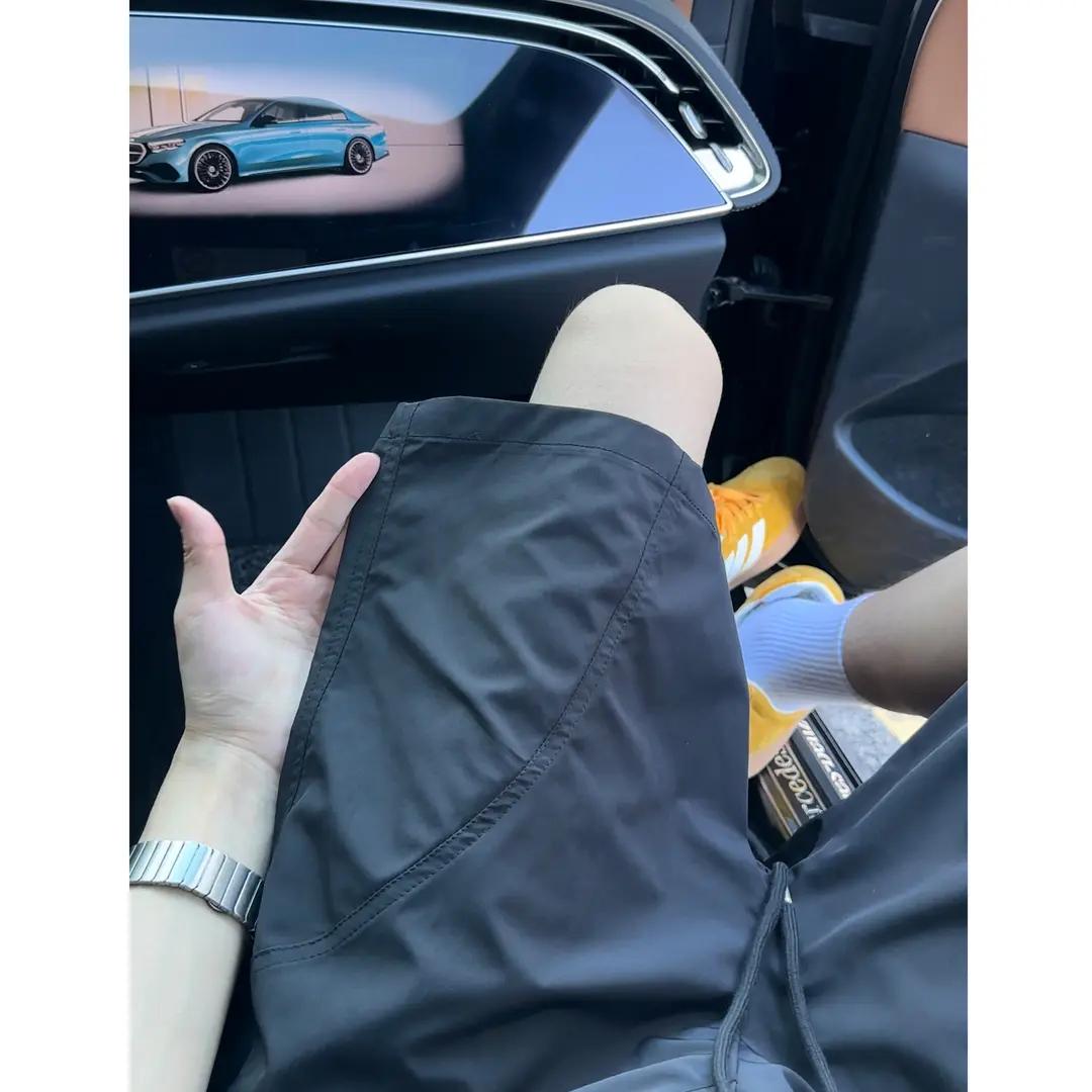 藏蓝色速干短裤男款夏季薄款美式潮牌斜切直筒休闲五分裤子不过膝