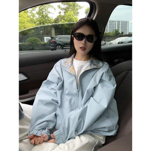 浅蓝色格子拼接外套男女夏季轻薄款设计感翻领情侣防晒衣美式夹克