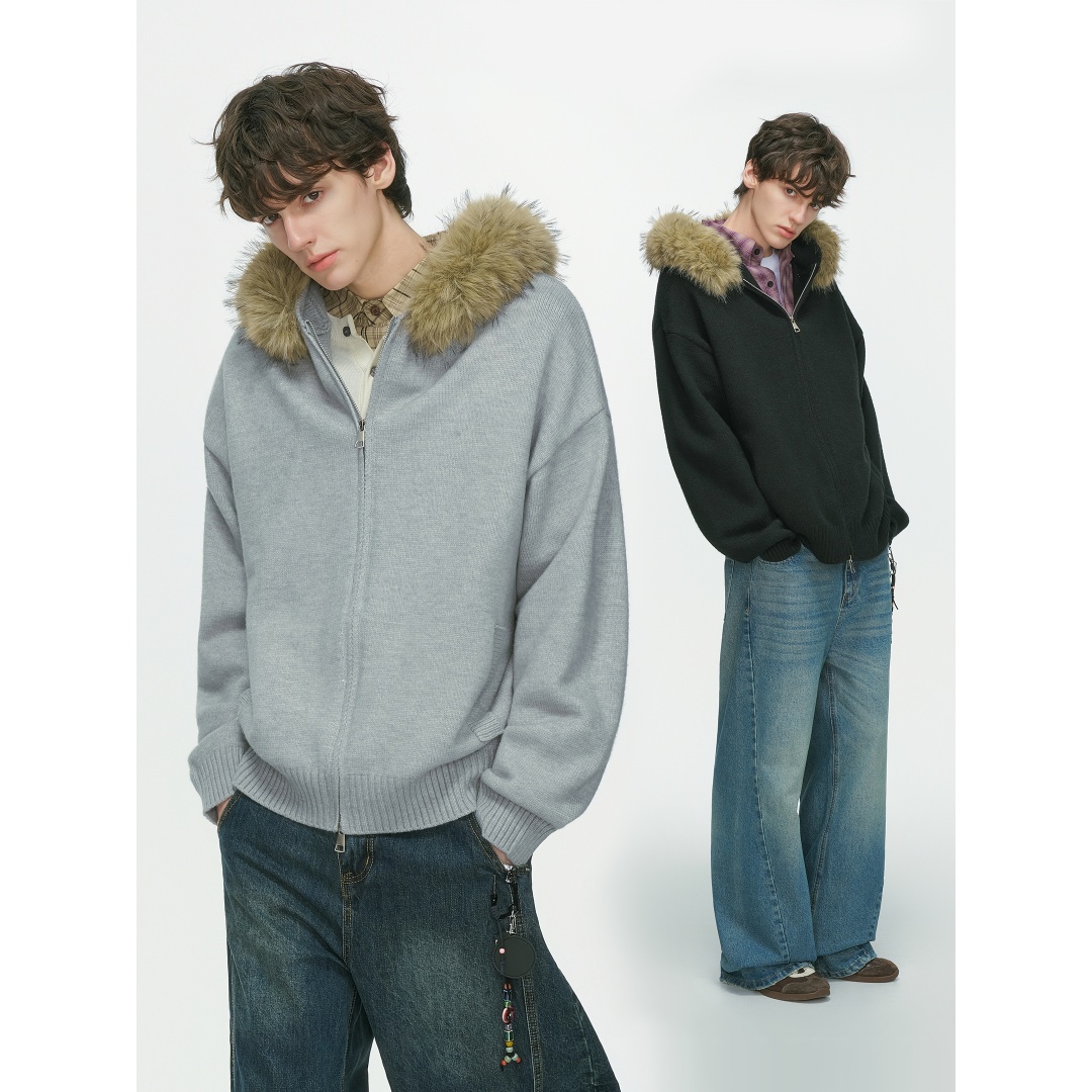 美式可拆卸毛领连帽开衫毛衣外套男款秋冬季慵懒风百搭情侣针织衫