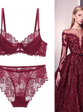 红色本命年内衣超薄款欧美性感蕾丝小胸罩微聚拢文胸套装显小D杯