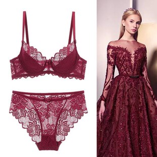 红色本命年内衣超薄款欧美性感蕾丝小胸罩微聚拢文胸套装显小D杯