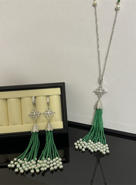 毛衣链女绿色首饰女气质轻奢套装