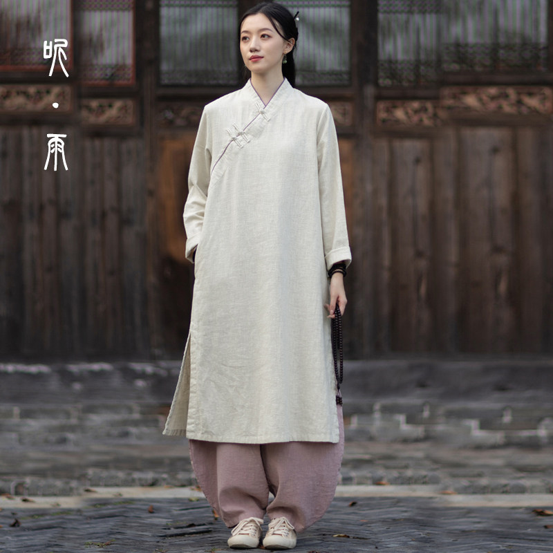 棉麻上衣女中长款盘扣改良旗袍中式禅意居士服茶服苎麻斜襟连衣裙