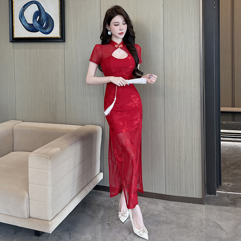 沐足夜场红色性感V领连衣裙女修身显瘦收腰开叉长裙中式风包臀裙
