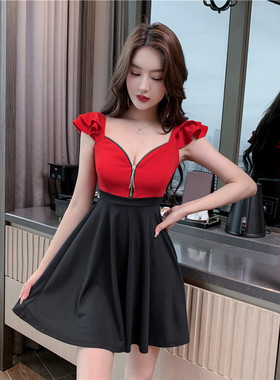 夜总会性感连衣裙女深V领足疗足浴技师工作服气质浴场按摩短裙子
