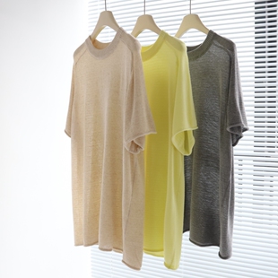慵懒松弛 夏季韩系亚麻莱赛尔中长款插肩袖微卷边圆领短袖女针织