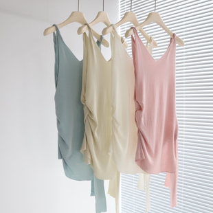 清甜一夏 莱赛尔天丝清凉感扭结肩带中长款前后V领抽褶测系带背心