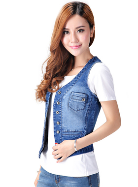 新款韩版女春夏短款大码无袖修身外套百搭牛仔马甲背心外套坎肩