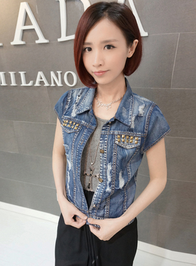 2025韩秋冬新款牛仔破洞修身薄款柳钉外套短袖上衣百搭马甲背心女